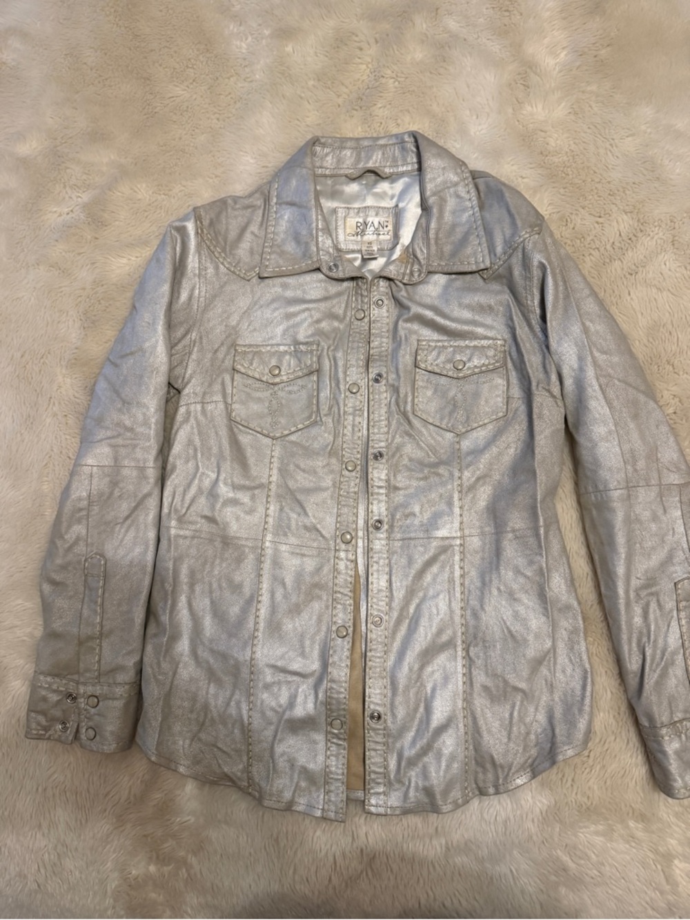 Ryan Michael Metallic Silver Button-Front Leather Jacket